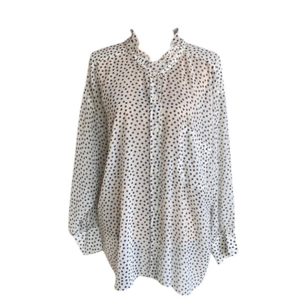 ZARA Women Large Sheer Blouse Ruffle Neck Bubble Sleeves, Black & White Poka Dot